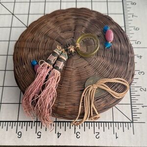 Vintage 1930s–40s Wicker Sewing Basket with Notions – Wooden Thread Spools